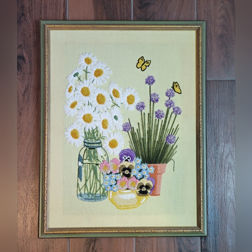 Vintage 1972 Crewel Embroidered Wall Art Daisies Flowers Butterflies Green Frame